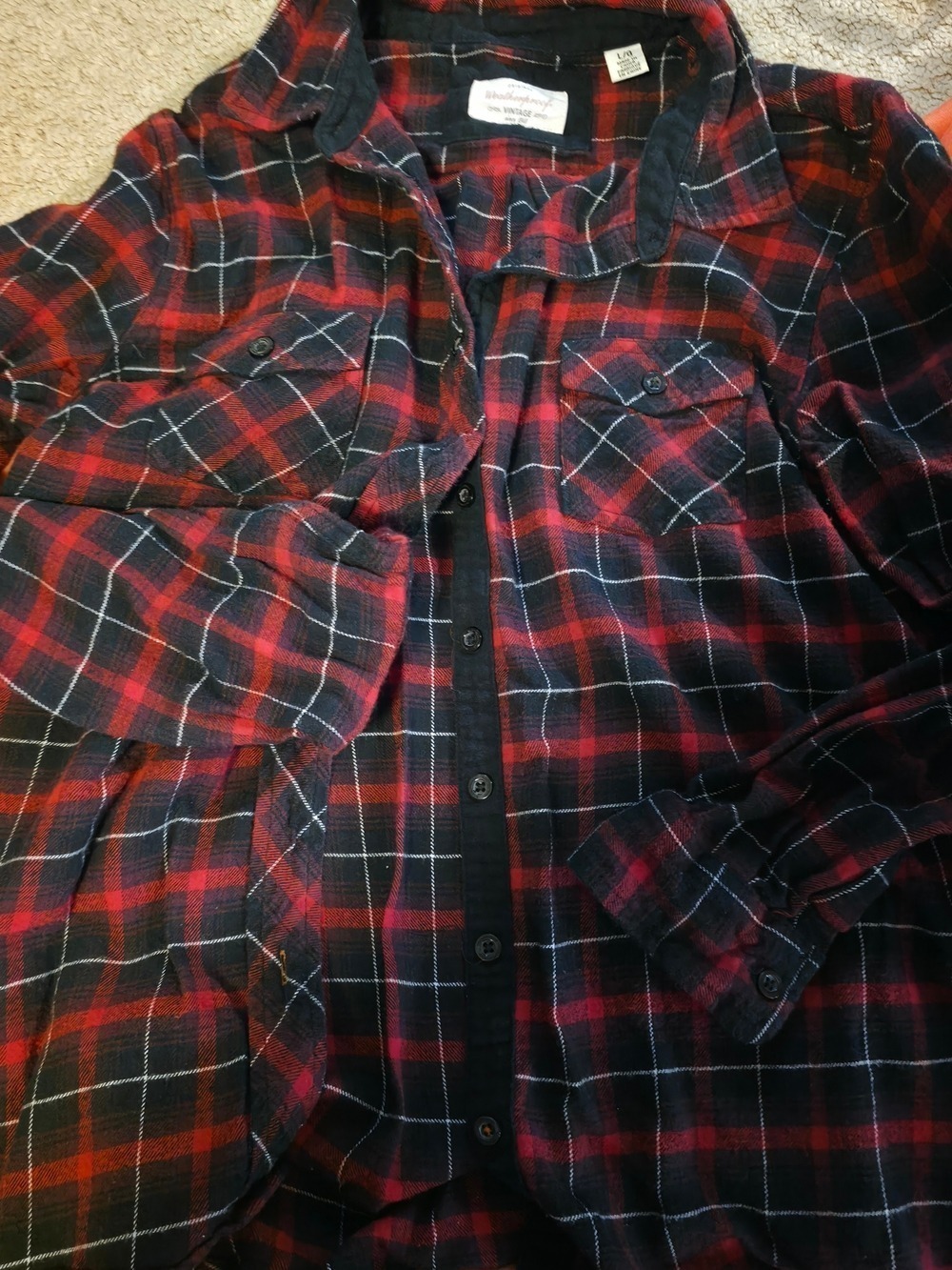 4/$67 Deal! Weatherproof Vintage Red and Black Plaid Button-Up Flannel Shirt